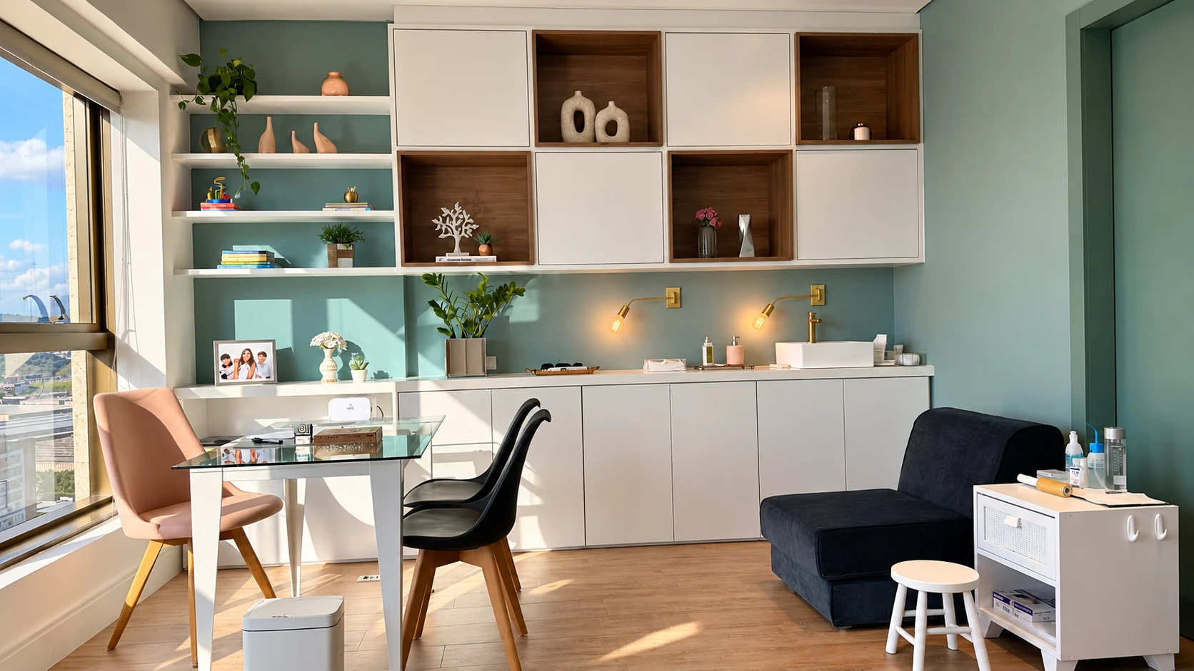 Sala de atendimento com mesa de vidro, armários e poltrona