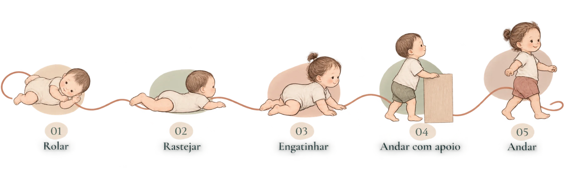 Ilustração das etapas do desenvolvimento neuropsicomotor: 01 rolar, 02 rastejar, 03 engatinhar, 04 andar com apoio e 05 andar.